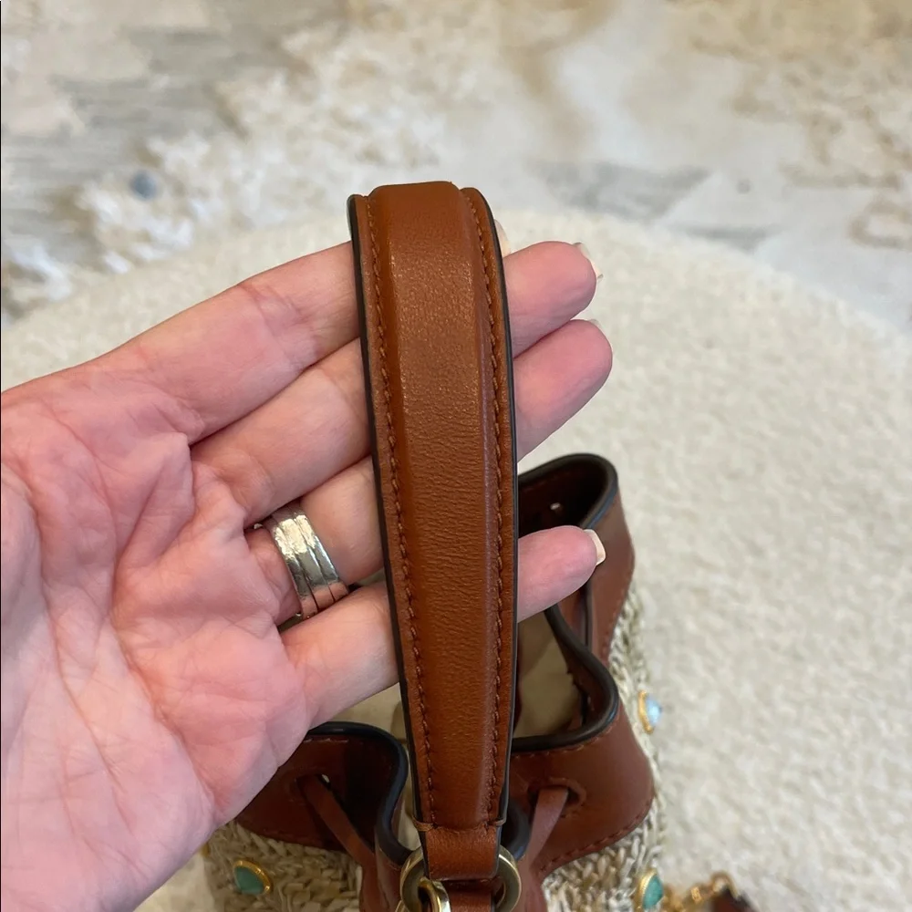 Tory Burch Straw Bucket Bag with Brown Leather and Crossbody Gold Chain - Picture 6 of 7